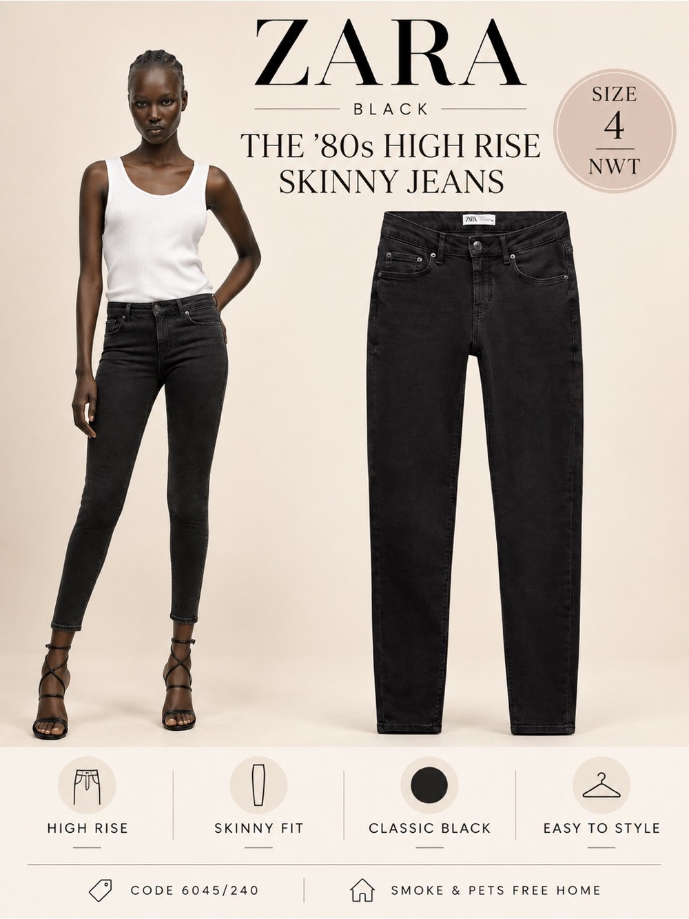 ZARA ZW The ’80s Black High Rise Skinny Jeans NWT Size 4